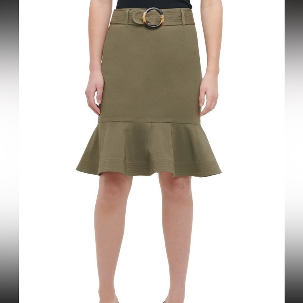 NWOT Calvin Klein Olive Army Green Belted Ruffle Hem Skirt